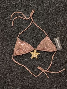 PrettyLittleThing Rose Gold Shimmer Micro Triangle Bikini Top with Star Accent 0